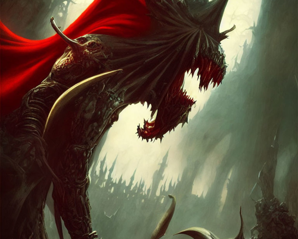 Dark fantasy illustration of skeletal dragon with large horns and tattered red wing in misty forest