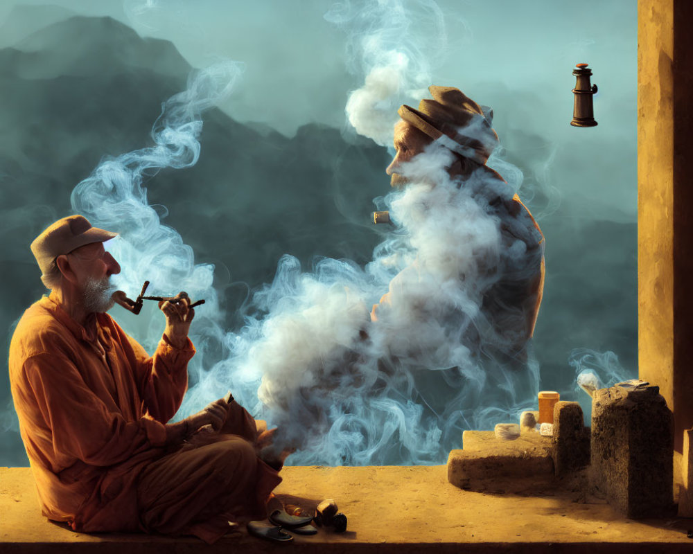 Elderly Man Smoking Pipe with Genie and Mountain Scenery