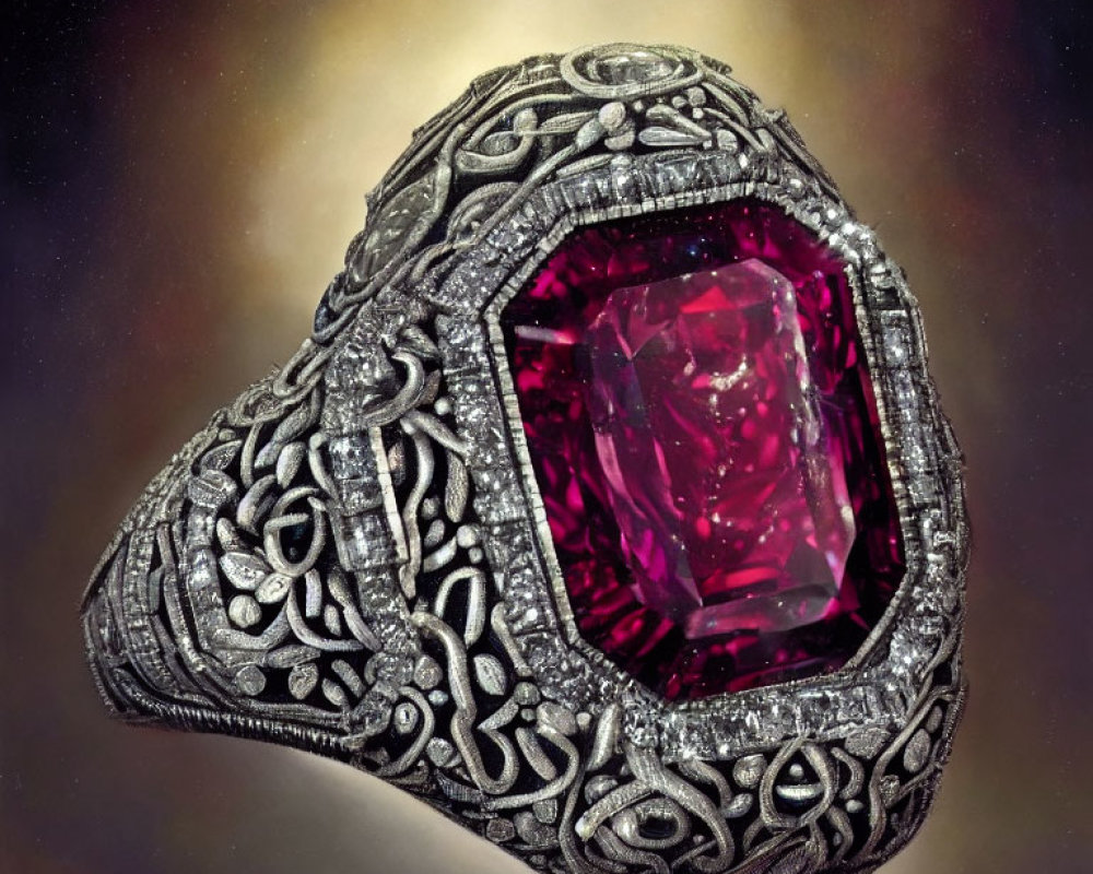 Vintage Ring with Large Pink Gemstone & Silver Filigree