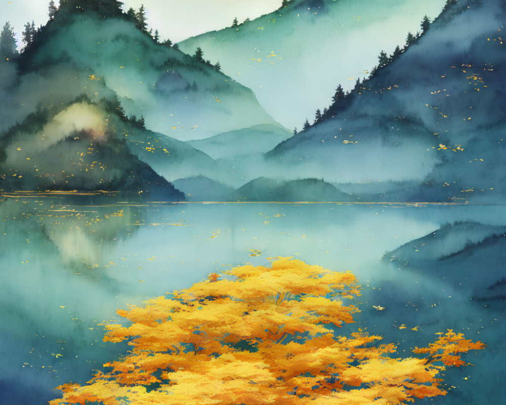 Tranquil watercolor: misty mountain, reflective lake, vibrant tree