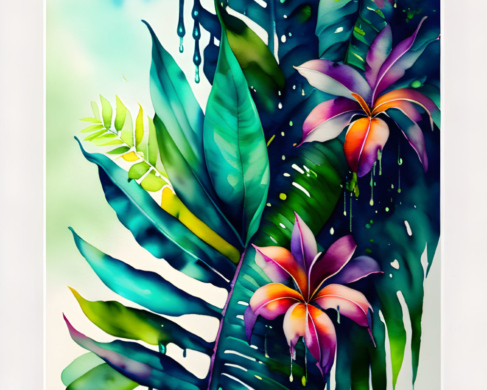 Colorful watercolor painting of tropical foliage and frangipani flowers on white background