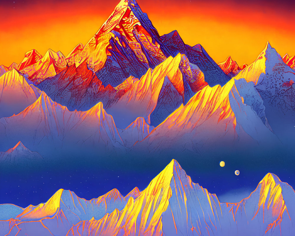 Scenic digital illustration: mountain range at sunset with fiery clouds, tranquil lake, and two moons.