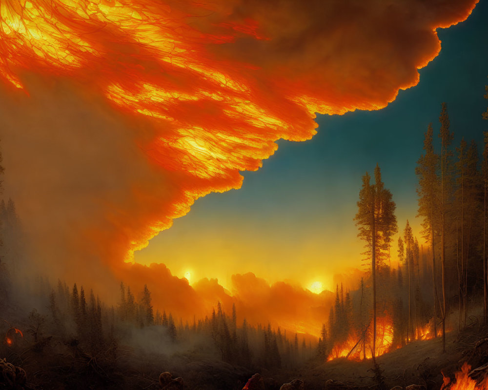 Dramatic fiery forest scene with orange and yellow sky and billowing smoke