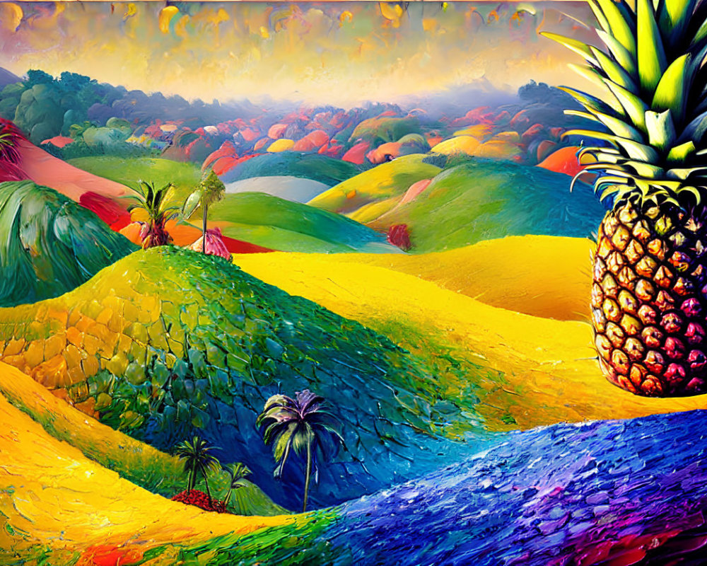 Colorful Surreal Landscape with Rolling Hills and Pineapple on Purple Path