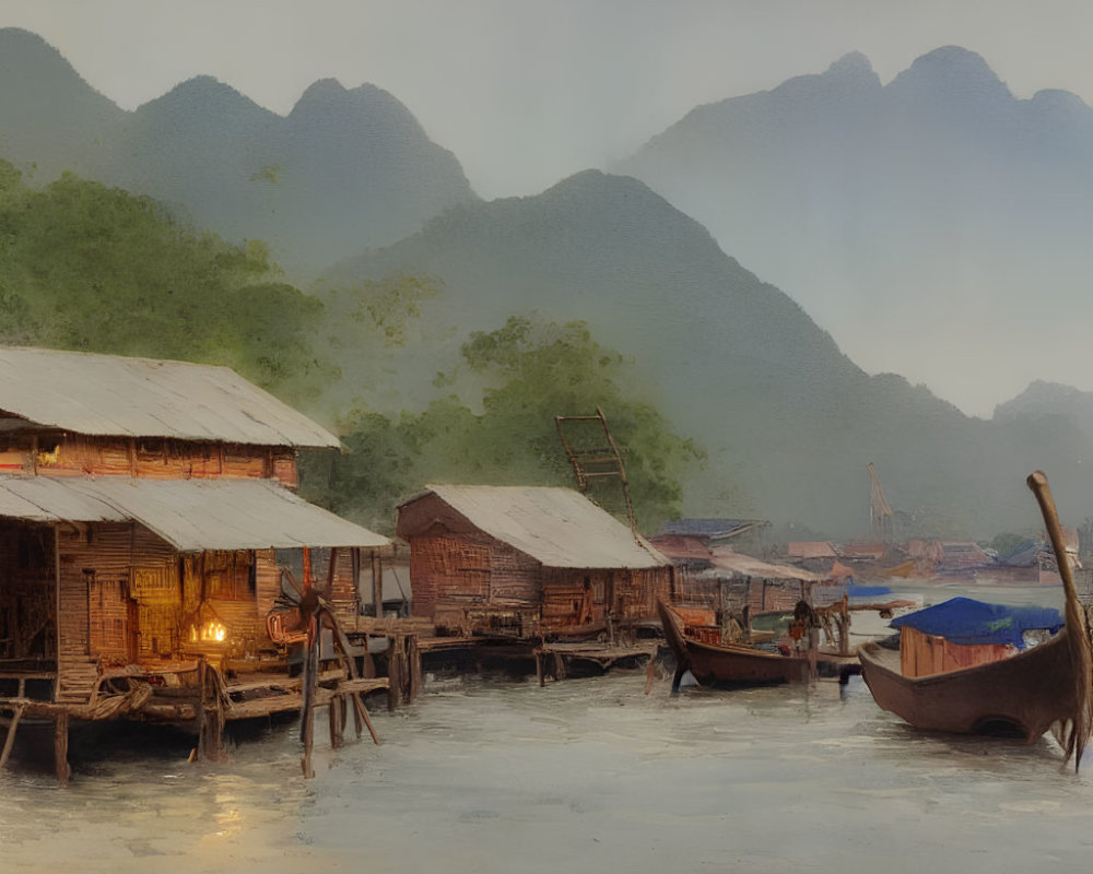 Rustic waterfront huts with illuminated interiors and moored boats against misty mountains