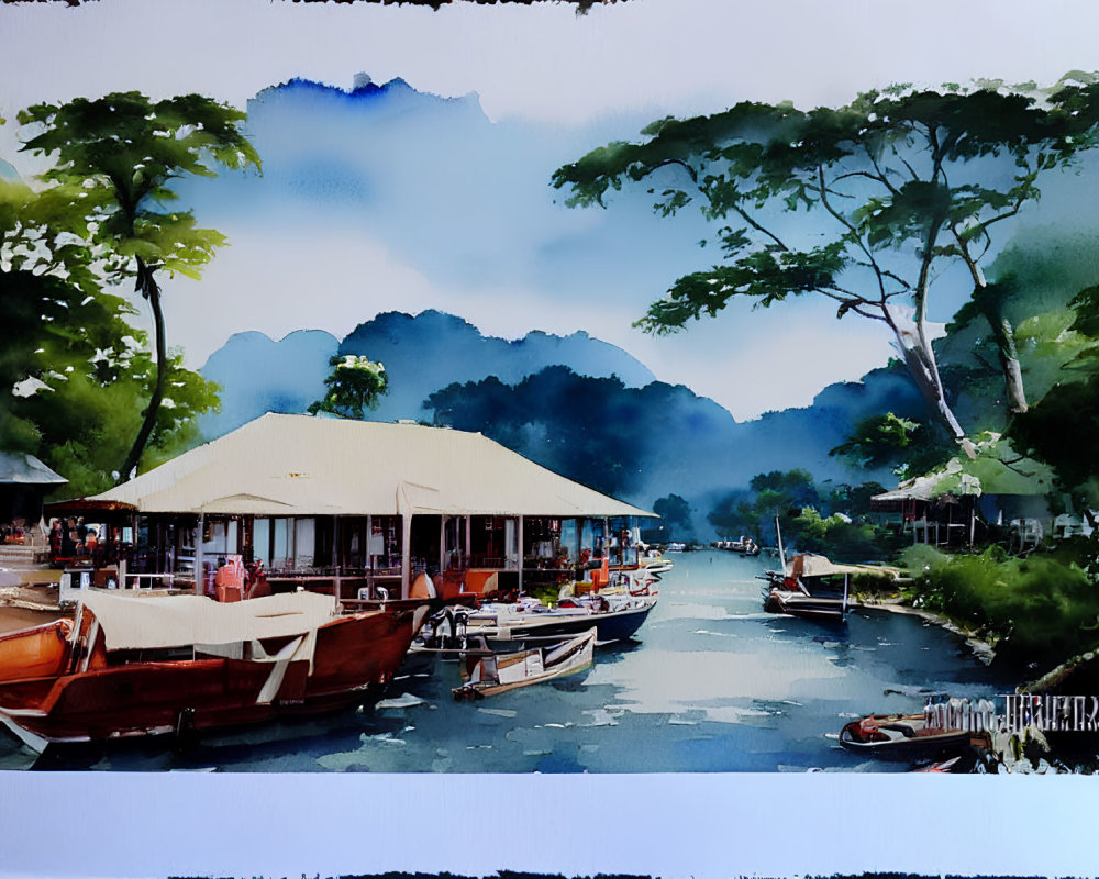 Serene riverside scene with moored boats and pavilion