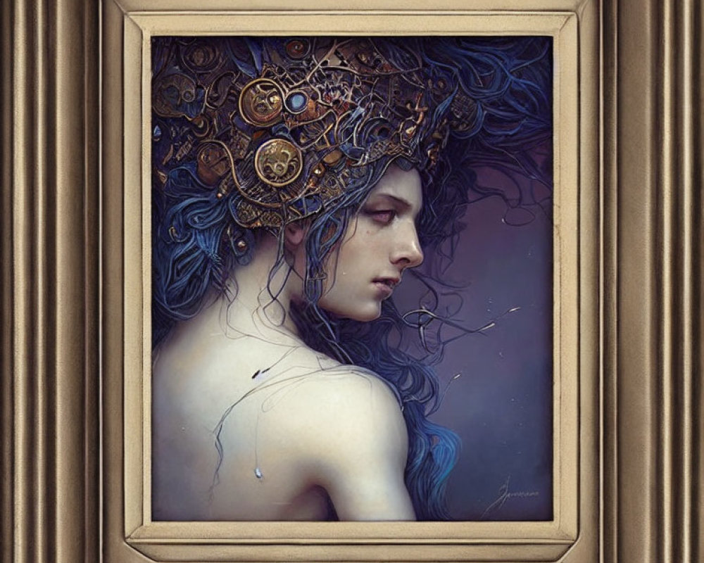 Portrait of Woman with Blue Hair and Bronze Headpiece in Ornate Brown Frame