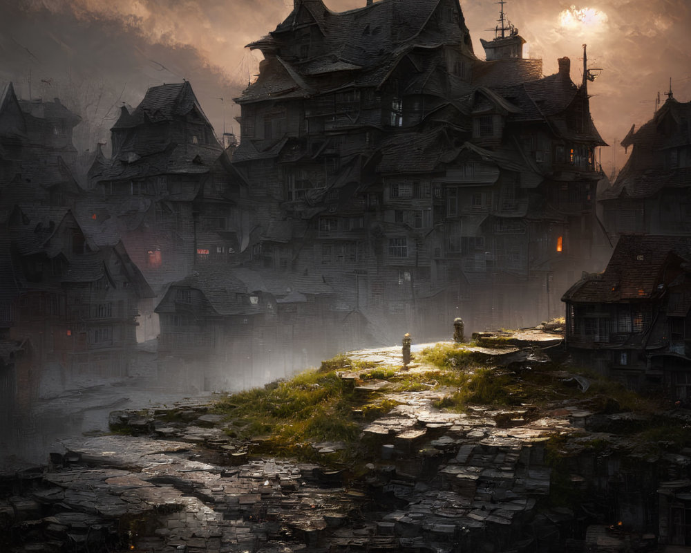 Dilapidated village with cobblestone paths and misty waters at twilight