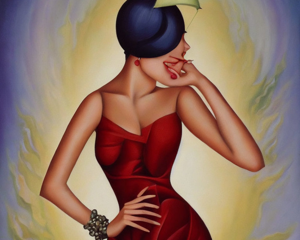 Stylized painting of woman in red dress with blue updo hairstyle, hand on chin, eyes