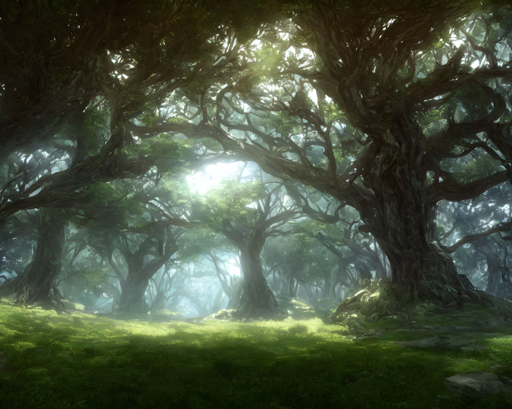 Sunlit forest clearing with ancient trees and mossy ground in ethereal mist