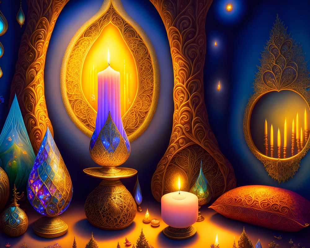 Colorful digital artwork: ornate lamps, candles, cushions, golden patterns, deep blue ambiance