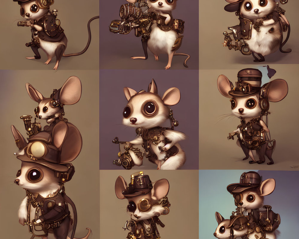 Nine anthropomorphic mouse illustrations in steampunk attire with goggles, top hat, and mechanical gadgets