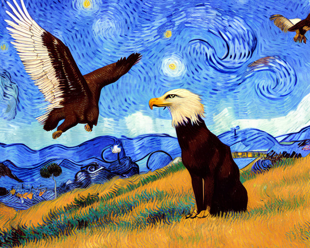 Stylized painting of eagles under starry sky