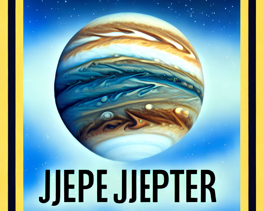 Stylized Jupiter portrait in blue frame on starry space background