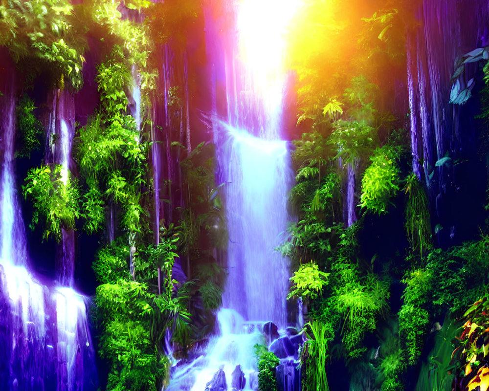 Mystical waterfall in lush green foliage under ethereal sunlight