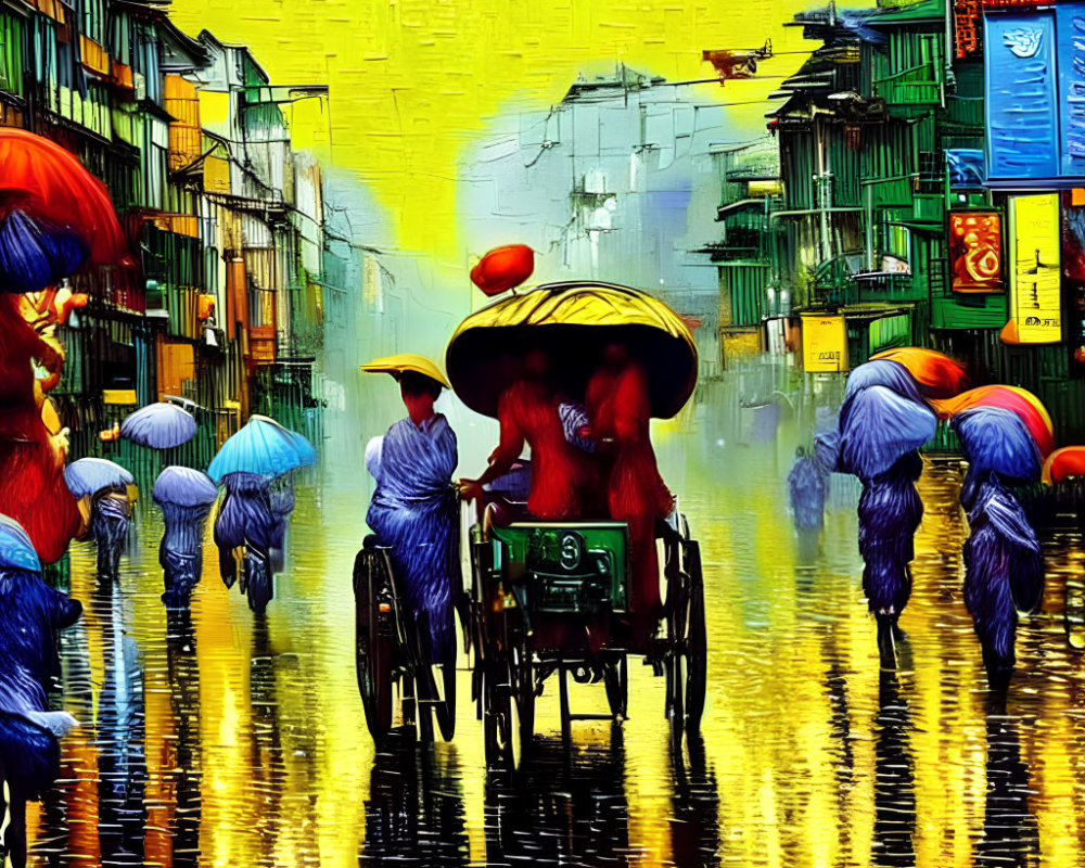 Colorful painting of a rain-soaked street with a rickshaw and umbrellas