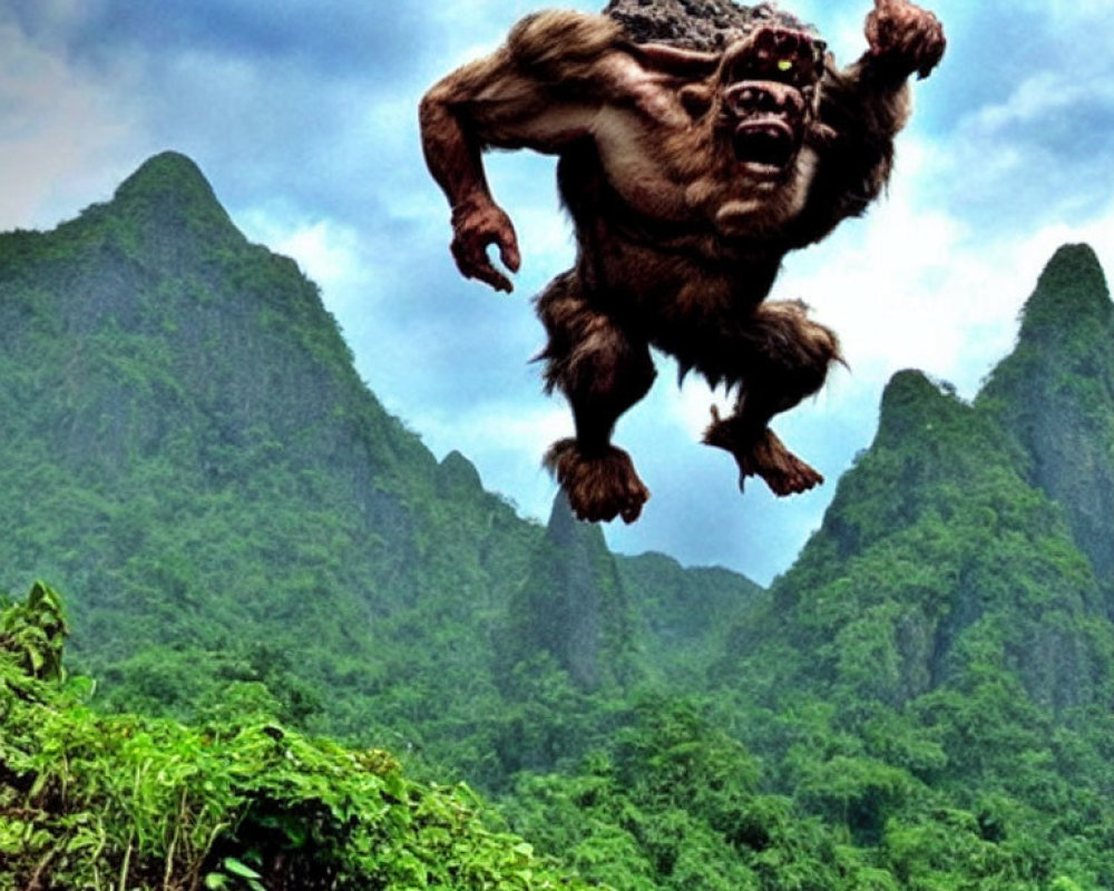 Giant ape leaping over green mountains in digital artwork