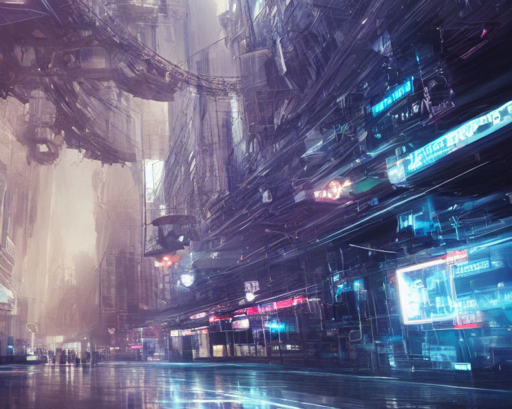 Futuristic urban scene with neon signs and towering buildings