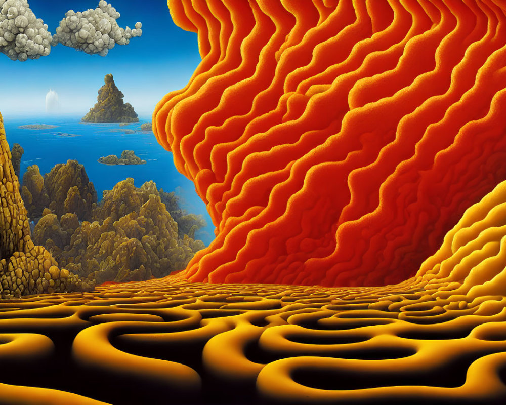 Surreal landscape with flowing orange and yellow lava patterns against blue sky and distant island