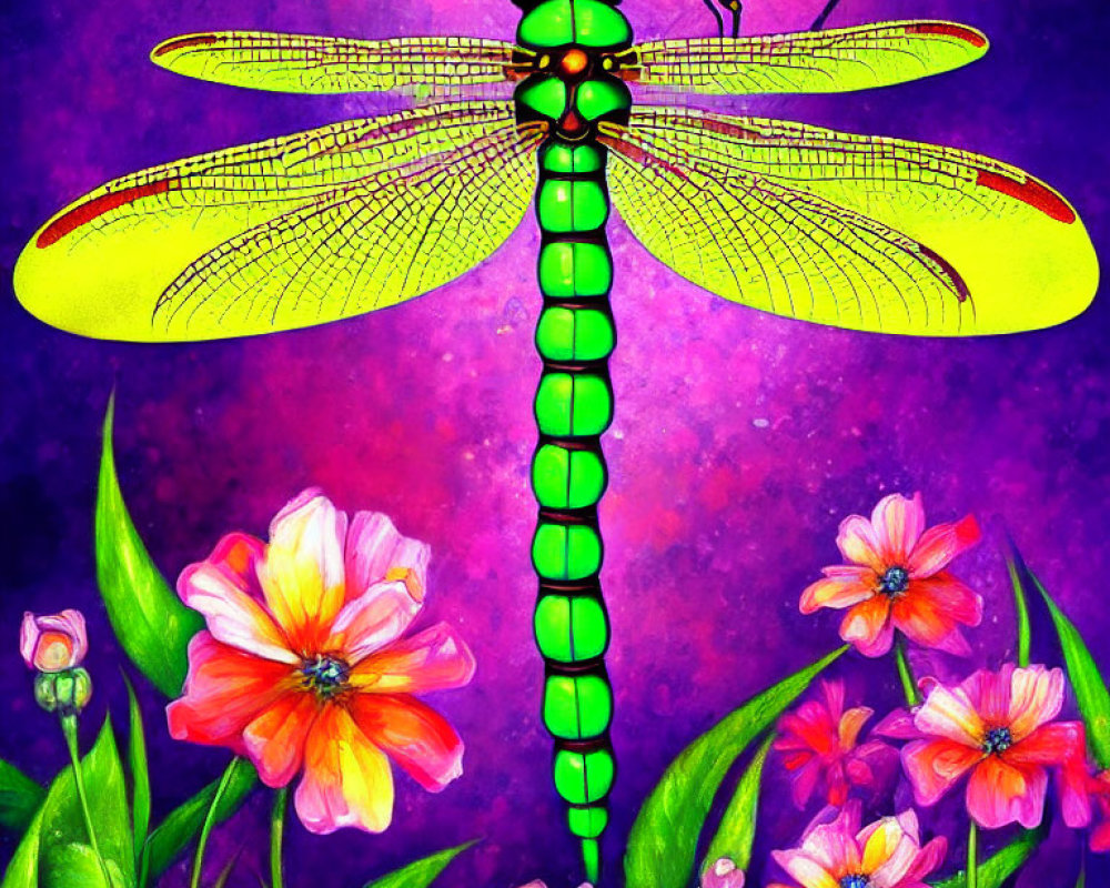 Detailed Dragonfly Illustration with Vibrant Wings and Floral Background