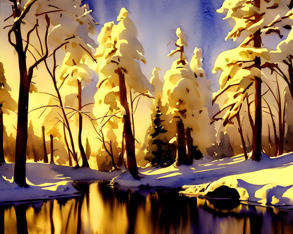 Winter sunset scene: snow-covered trees by reflective river with warm light and long shadows