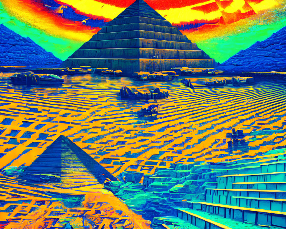 Colorful desert landscape with pyramids and surreal sky.