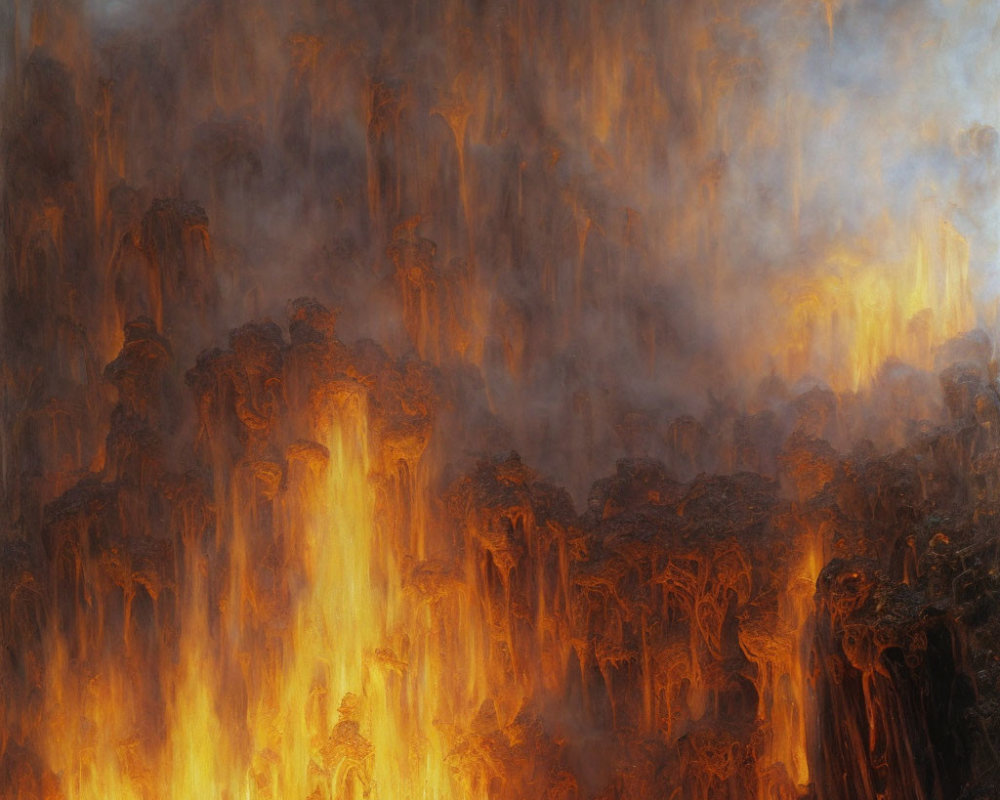 Dramatic wildfire scene with intense flames and rising smoke