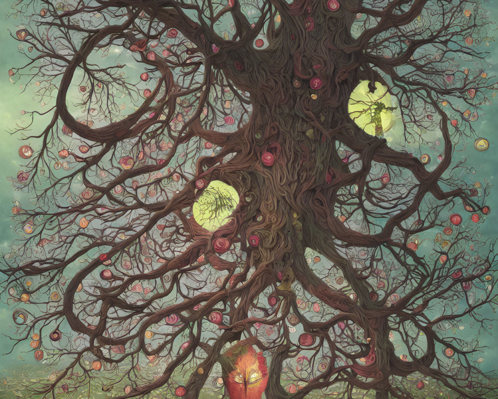 Twisted tree with glowing eyes, red baubles, greenish backdrop