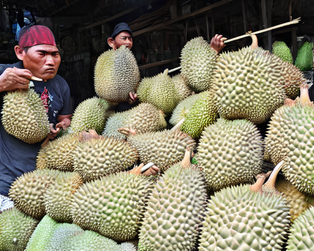 Men sorting spiky green durian fruits at market stall