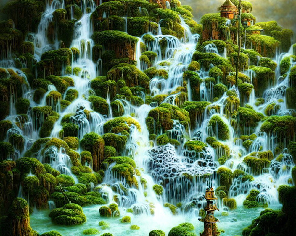 Fantasy landscape with waterfalls, greenery, and Asian buildings