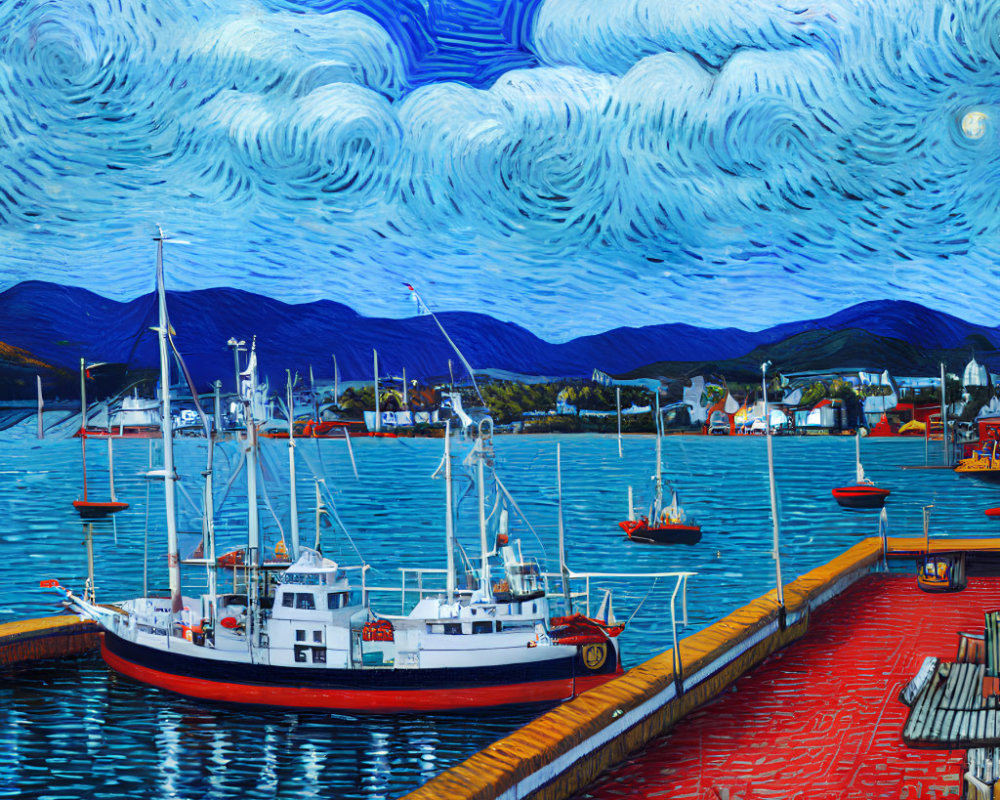 Harborside scene with swirl-patterned sky and docked boats