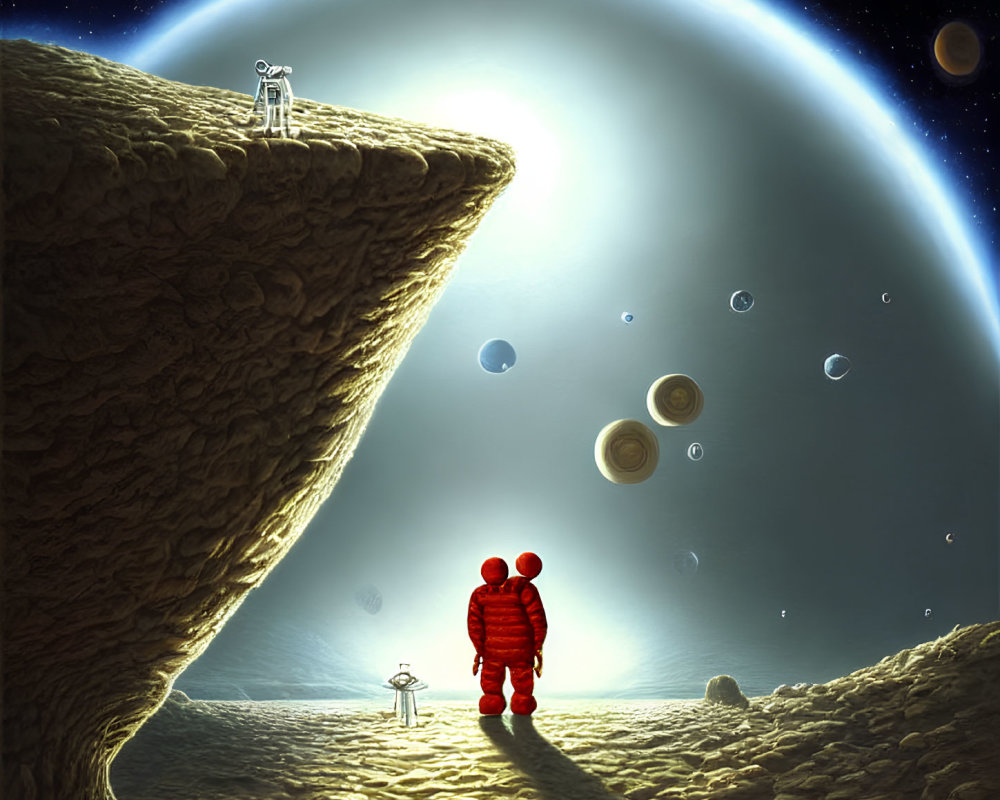 Astronaut in red suit on rocky alien landscape with colorful planets in sky