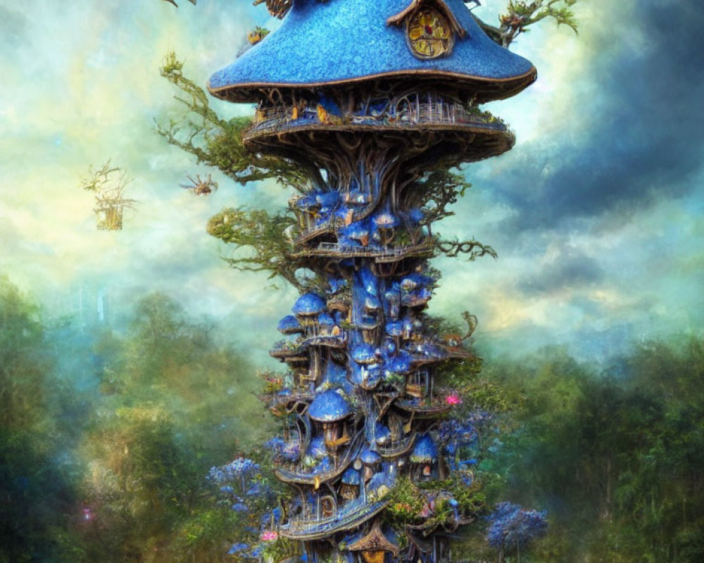 Unique Treehouse with Blue Mushroom Cap Roof in Misty Forest