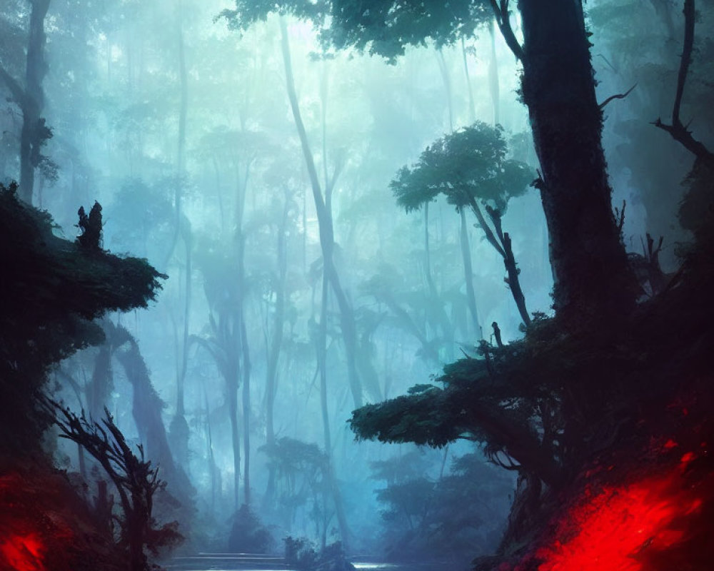 Mystical Forest with Eerie Red Light and Tranquil River