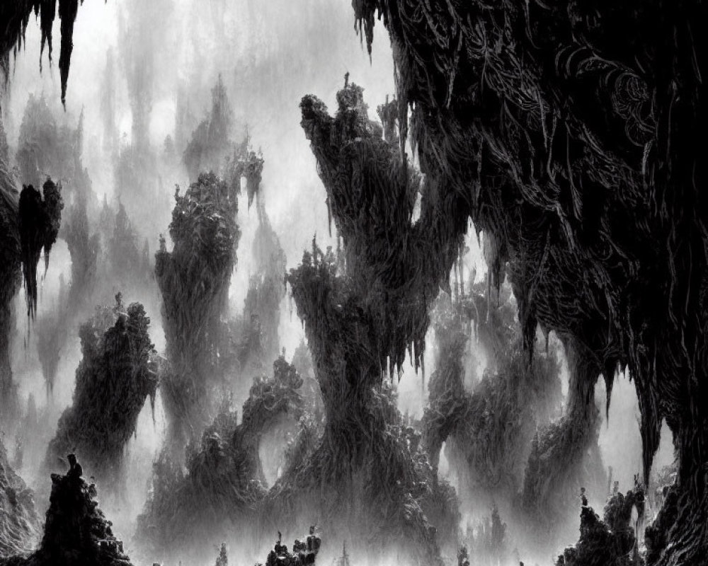 Monochrome fantastical landscape with misty, towering trees