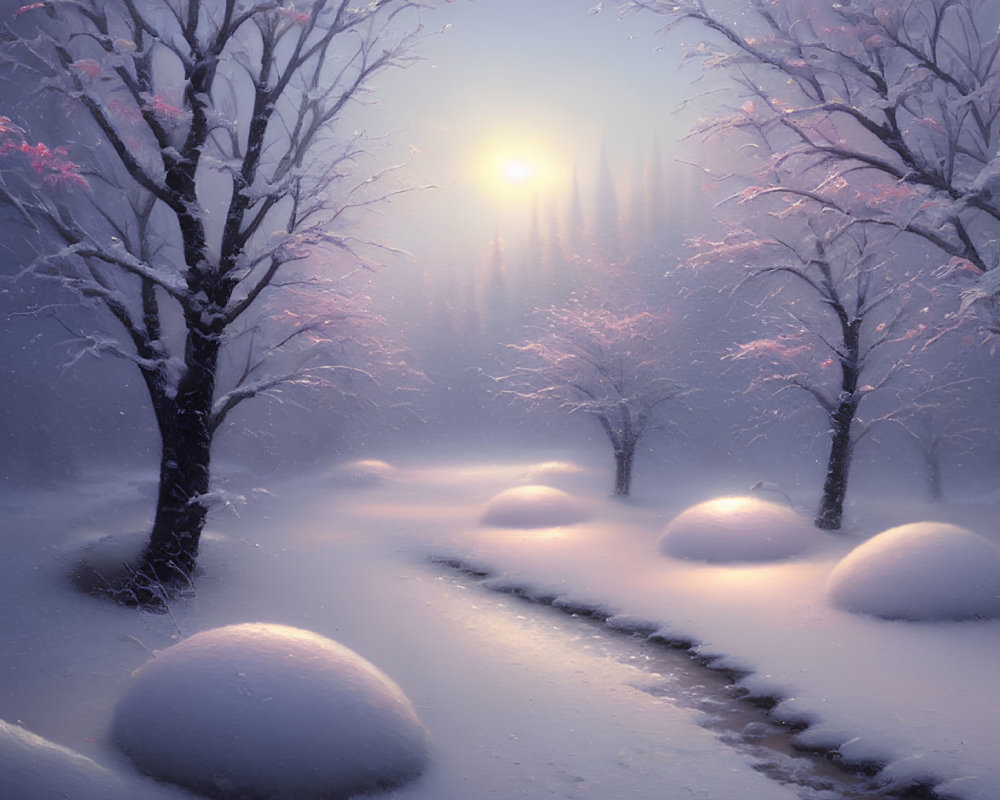 Snow-covered winter landscape with glowing sun and pink foliage