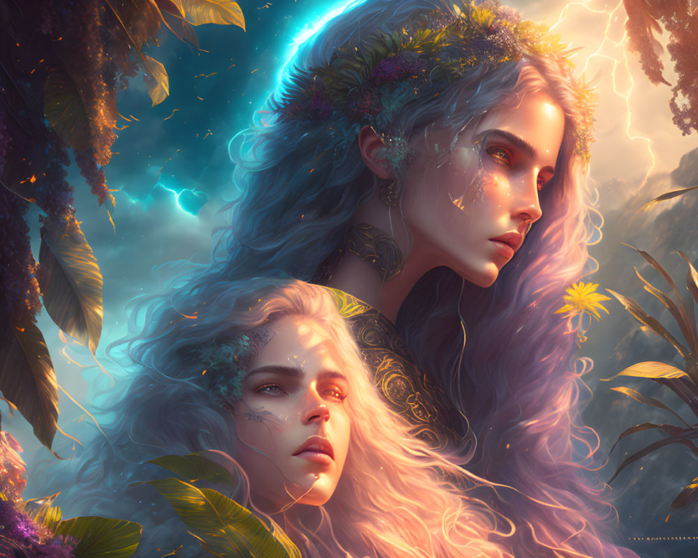 Ethereal women with floral crowns in enchanted forest scene