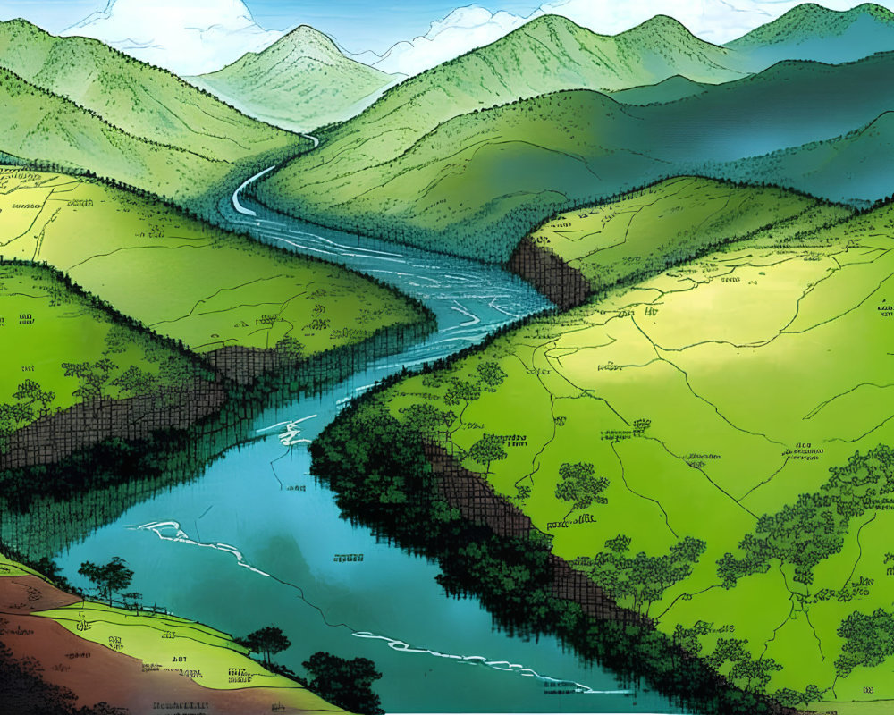 Illustrated landscape of winding river in lush valley with hills and mountains under hazy sky