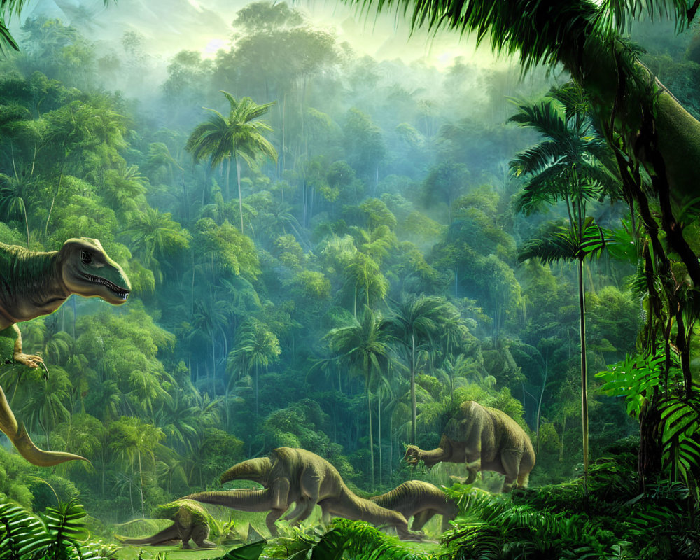 Diverse dinosaurs in lush prehistoric jungle