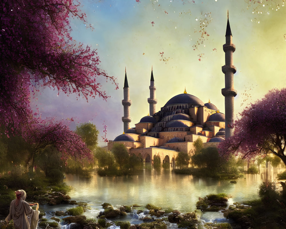 Woman in cloak gazes at grand mosque by serene lake with multiple minarets in mystical scene.