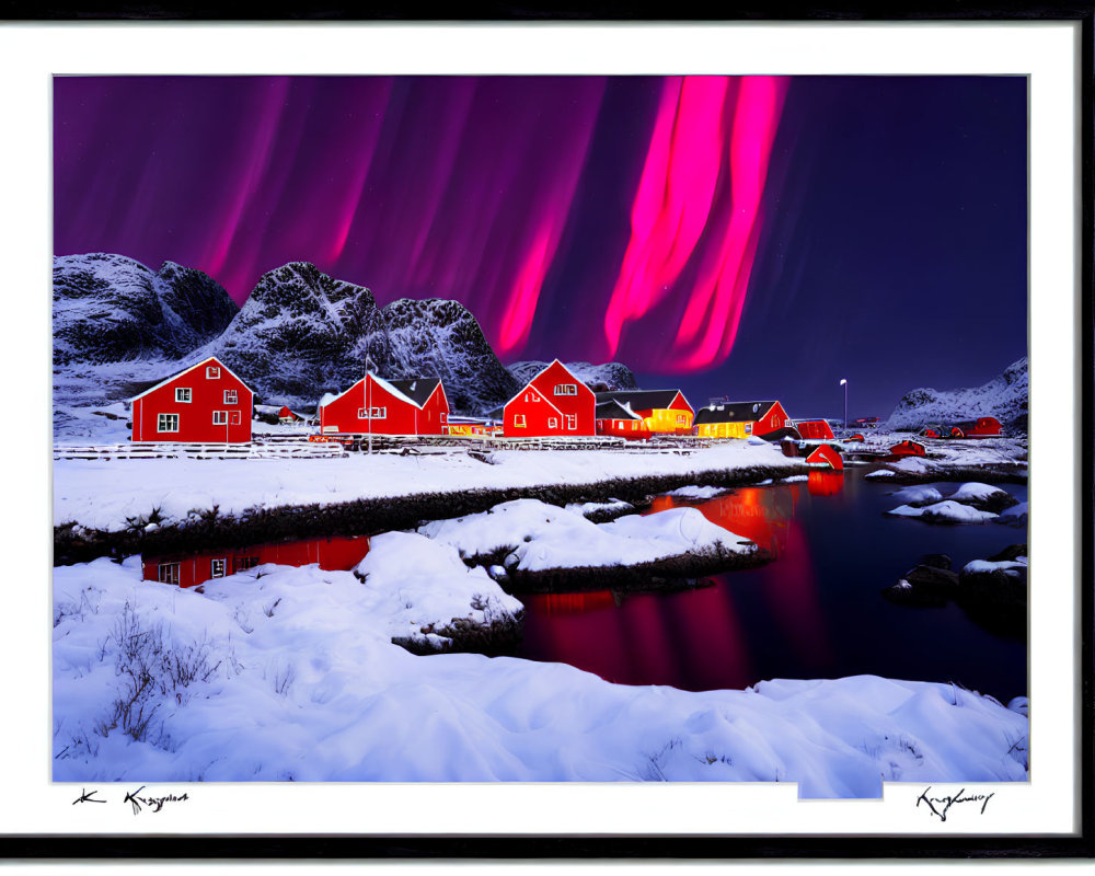 Colorful aurora borealis over red houses in snowy landscape with water reflections