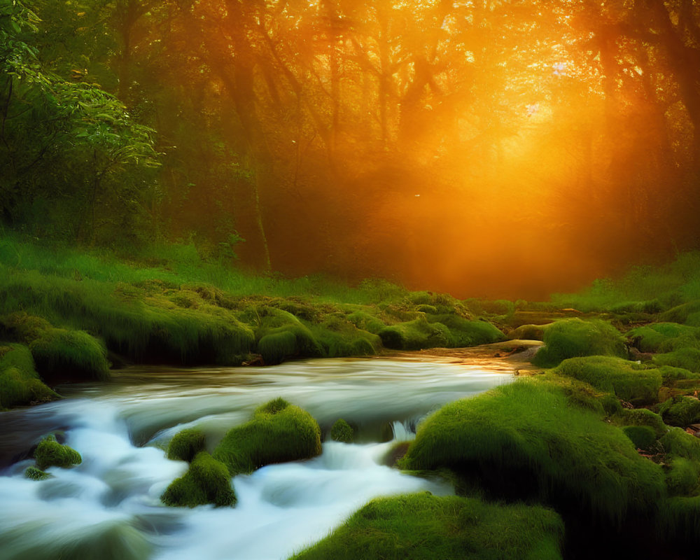 Tranquil stream in lush forest with moss-covered stones