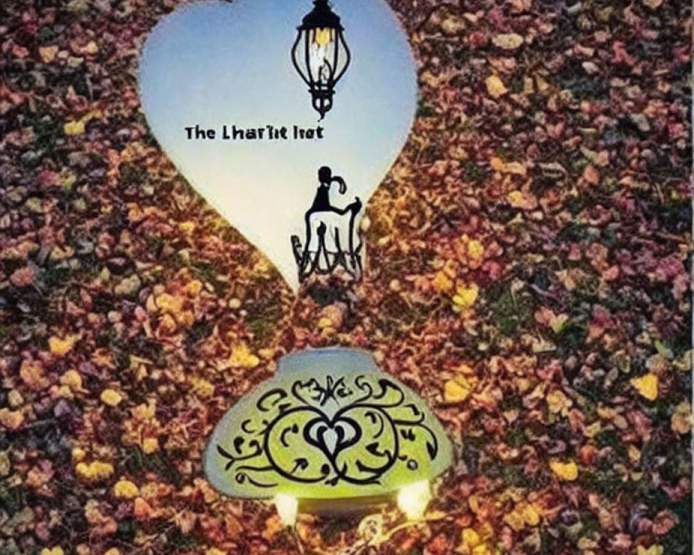 Heart-shaped cutout frames couple embracing under street lamp on leaf-strewn surface.