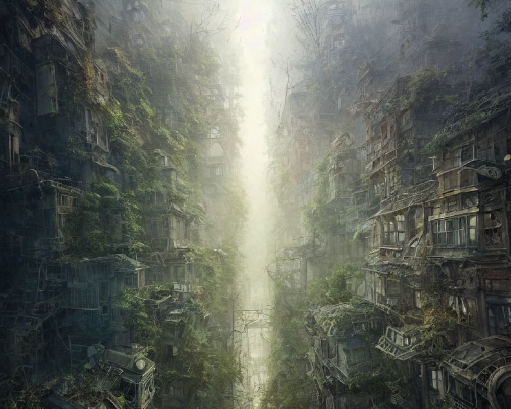 Ethereal post-apocalyptic scene with overgrown buildings and narrow passage