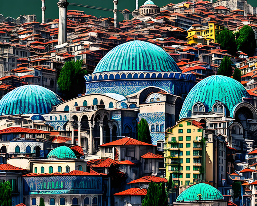 Vibrant cityscape with domed structures and minarets on hillside