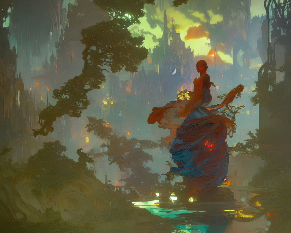 Woman in flowing dress on tree branch in mystical forest with luminous plants and ethereal cityscape.