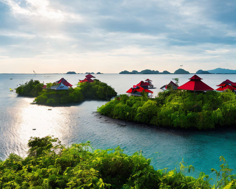 Tropical Island Landscape with Red-Roofed Huts surrounded by Greenery