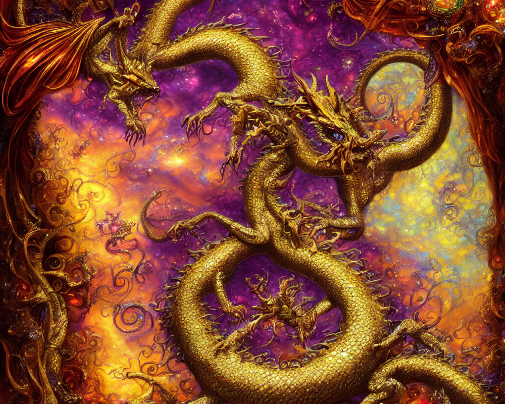 Golden dragon in cosmic backdrop with purple, orange, and gold hues.