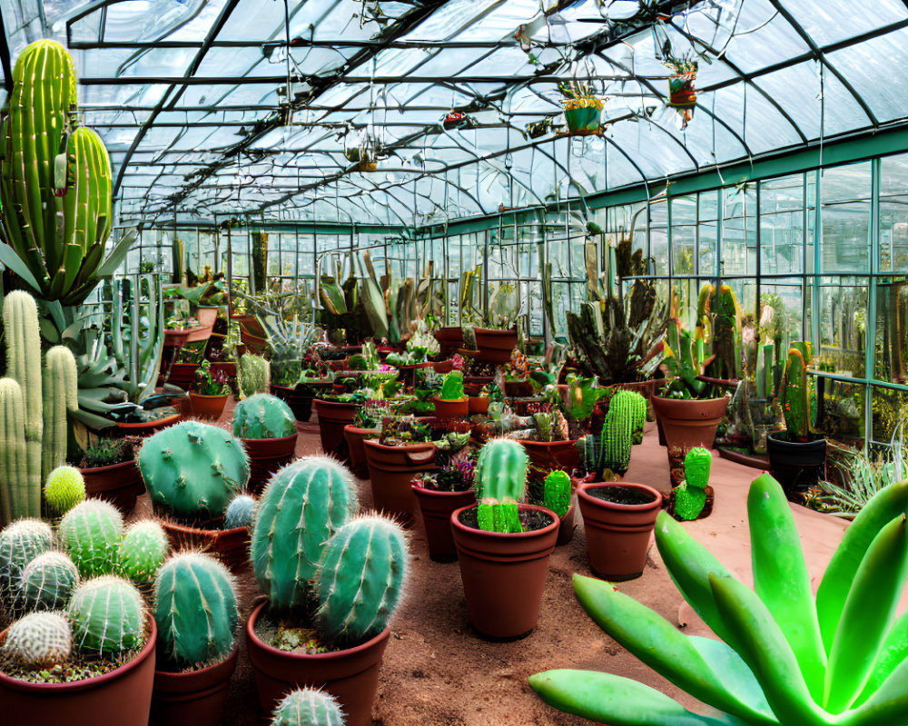 Greenhouse with Cacti and Succulents in Terracotta Pots