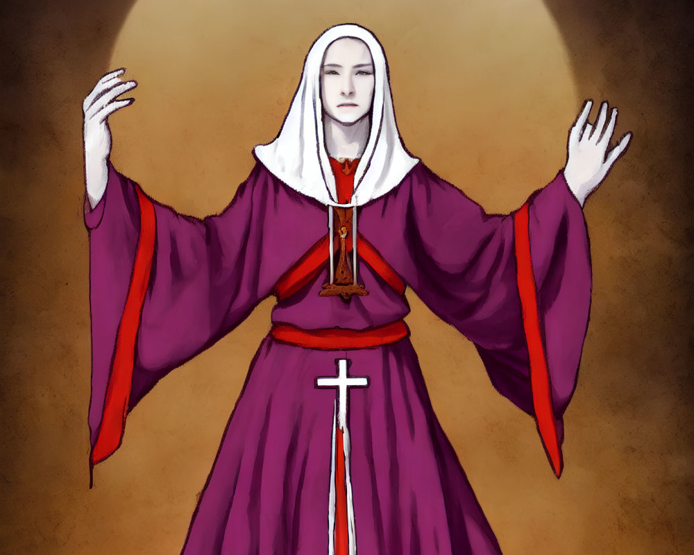 Figure in purple and white robe with cross and halo gesture illustration